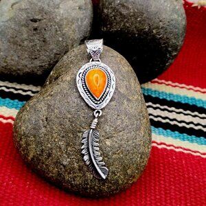 Orange Spiny Oyster Shell Sterling Silver Dangling Feather Pendant Teardrop